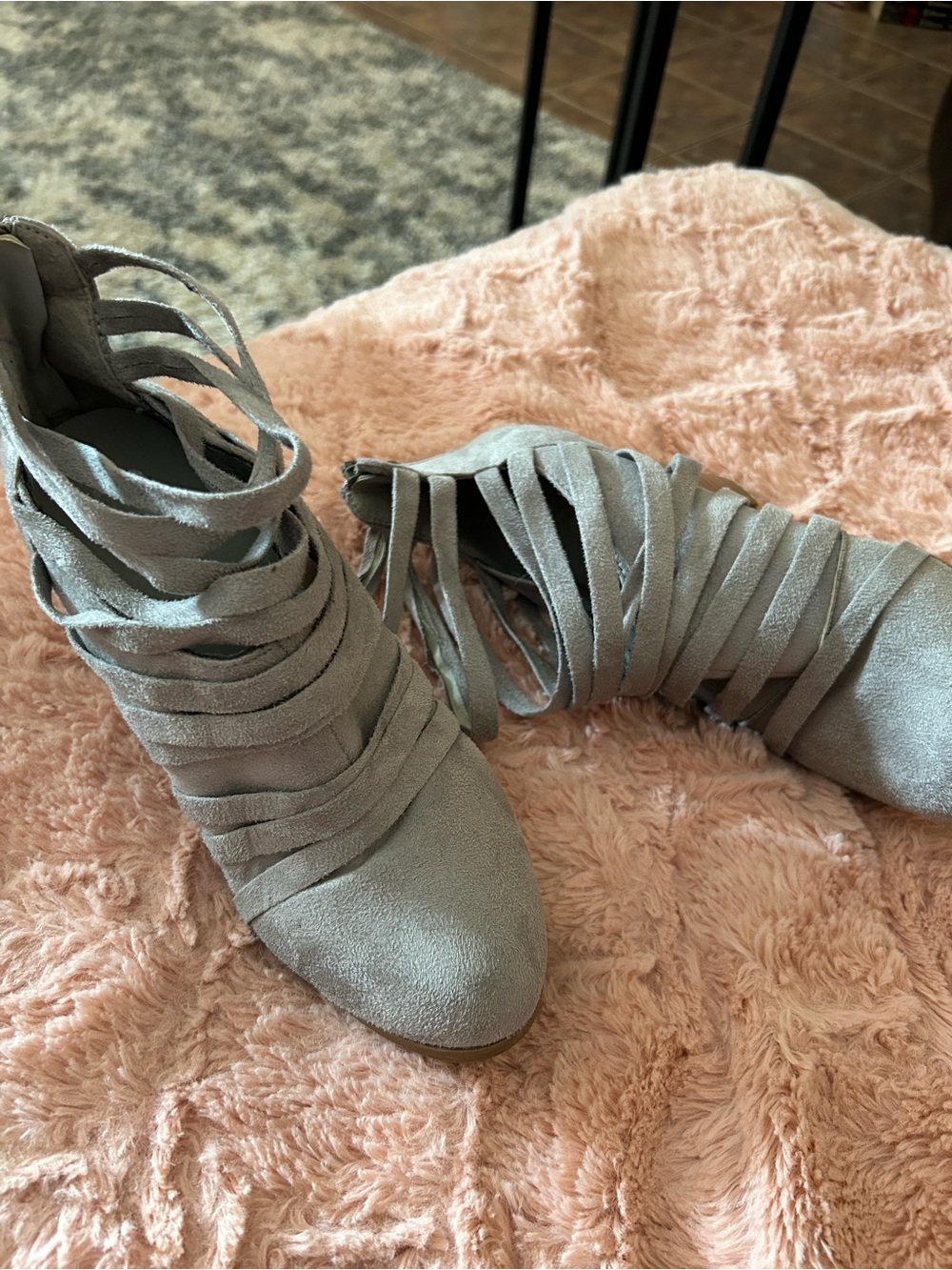 Suede Strappy Ankle Booties in Light Gray-EXCELLENT CONDITION
